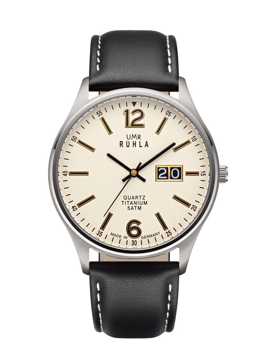 Herrklocka UMR RUHLA med beige urtavla, svart läderarmband, analog klocka