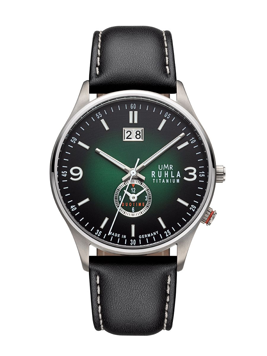 Ruhla-Classic armbandsur med olivgrön urtavla, boett i titan och svart läderarmband