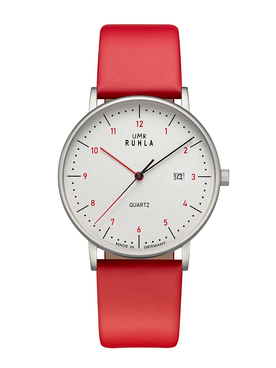 Armbandsur med rött läderband, silverfärgat boett och vit urtavla, kvarts