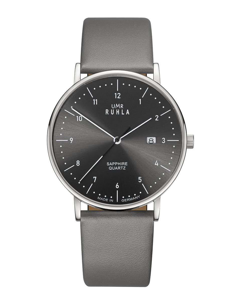 Herrklocka UMR Ruhla med grått läderarmband, svart urtavla och safirglas