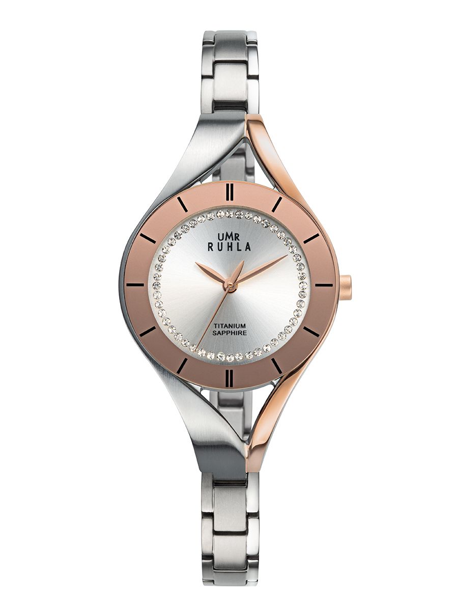 Damur från UMR Ruhla: silverfärgat titanarmband, roséguldpläterad boettring, urtavla med safirglas