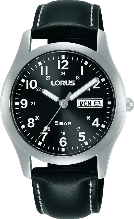 Lorus herrur med svart urtavla, datumvisning ”MON”, boett i silver och läderband