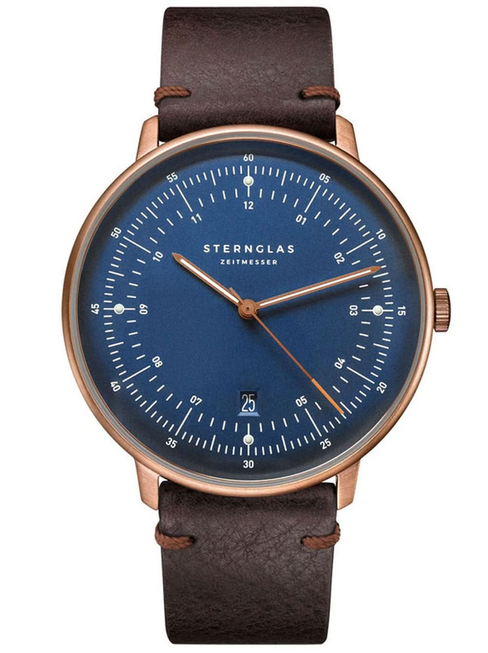 Herrklocka med blå urtavla, roséguldpläterad infattning och brunt läderarmband