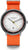 Herrklocka med orange textilarmband, rund vit urtavla och svart infattning