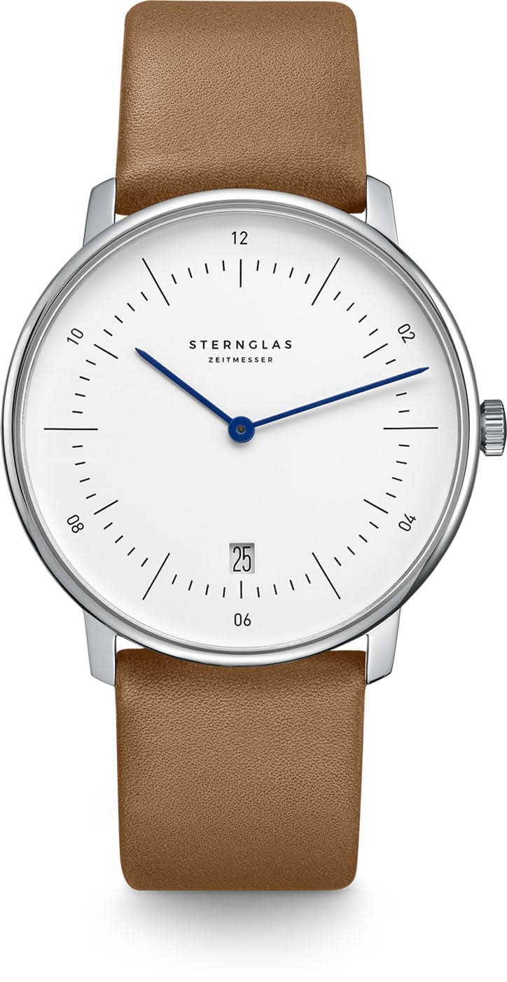 Rund herrklocka med brunt läderarmband, boett i silver, vit urtavla och blå visare