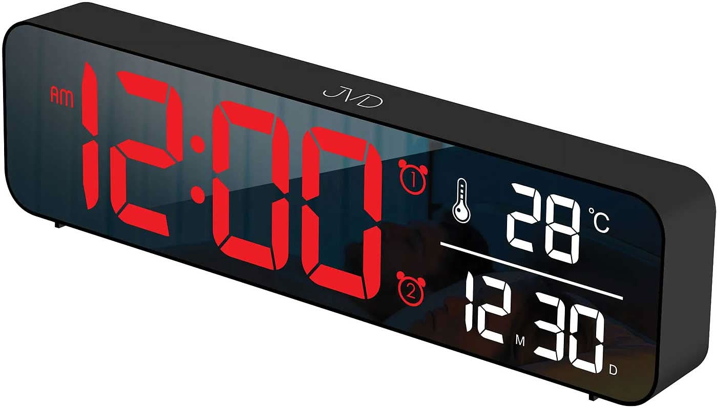Digital väckarklocka i svart plast med röd LED-display för tid, temperatur och datum