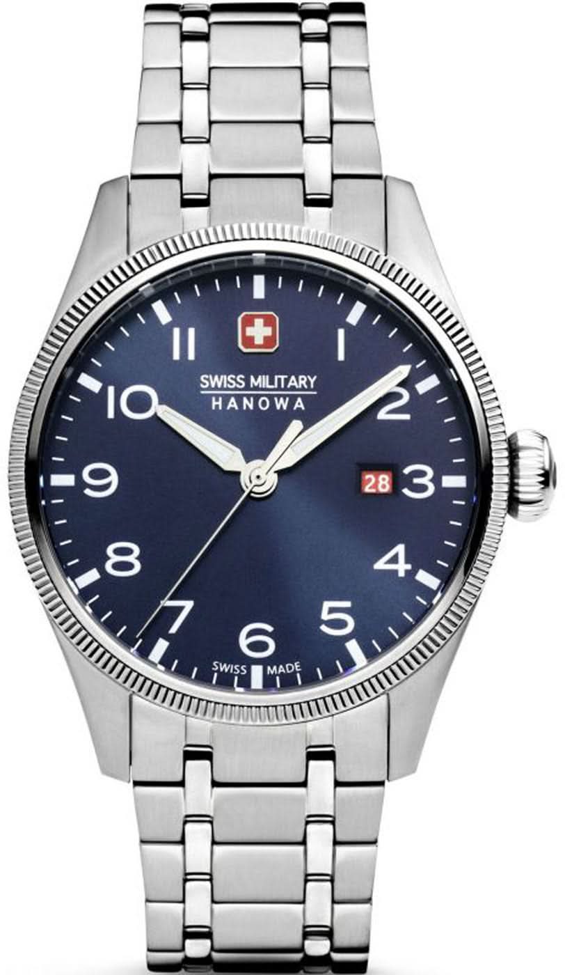 Herrklocka med mörkblå urtavla, visare och datumfönster vid kl. 3, armband i rostfritt stål
