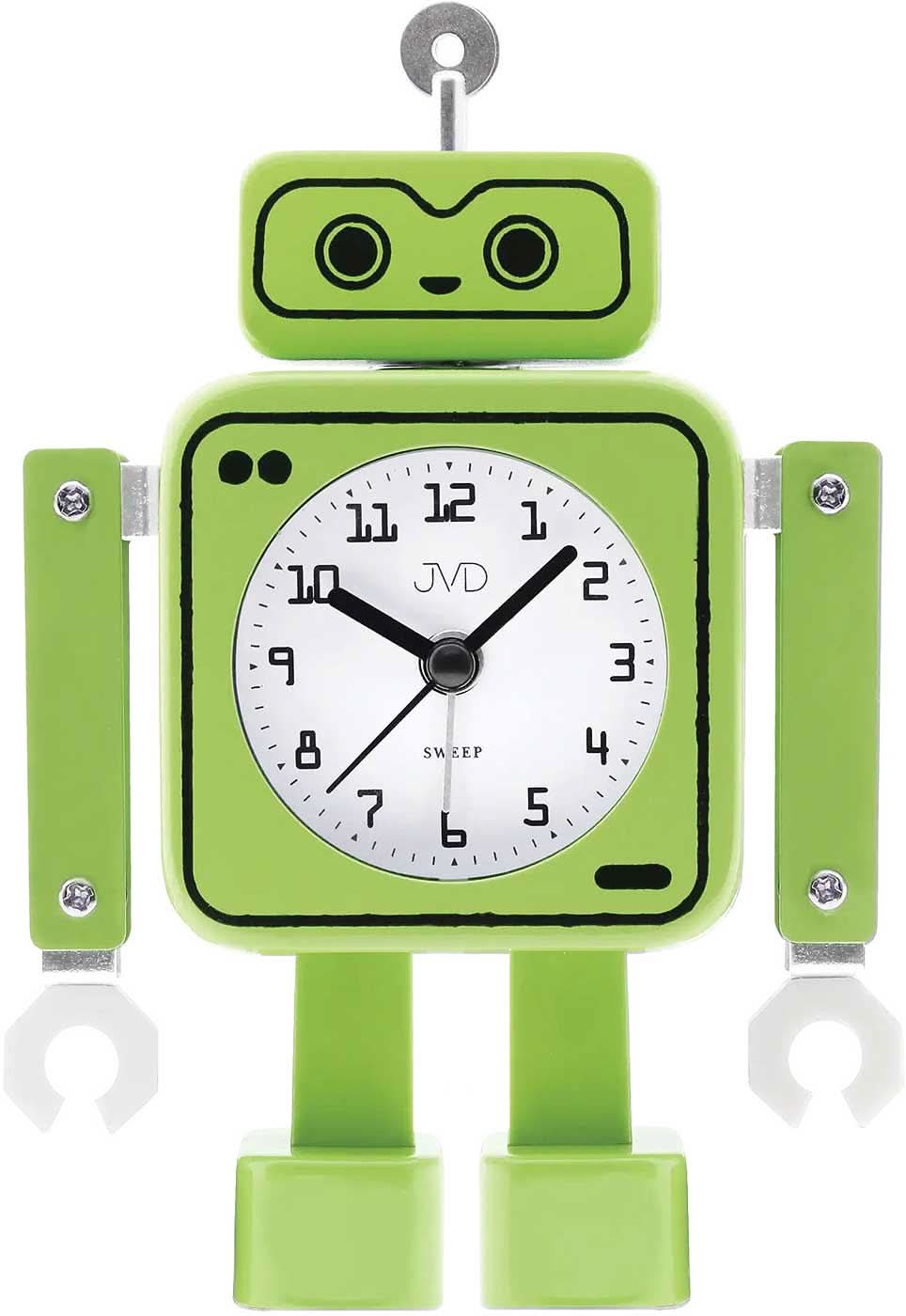 Grön robotväckarklocka med analog urtavla och sekundvisare, rörliga armar