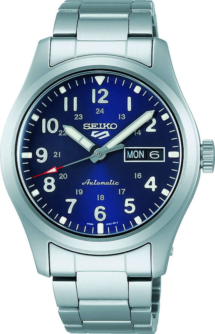 Seiko 5 Sports herrklocka med blå urtavla, datumfönster och rostfritt stålarmband