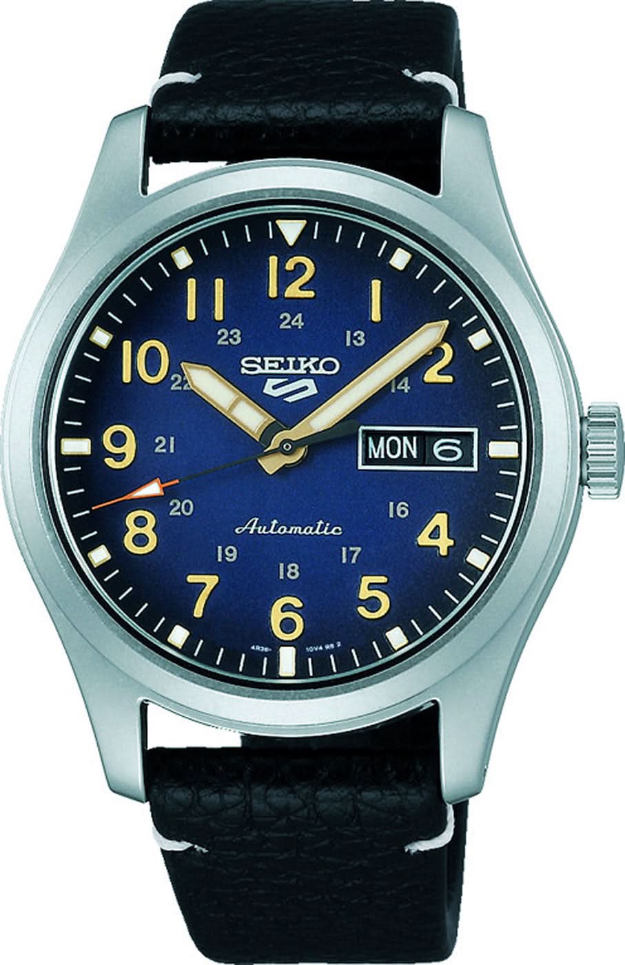 Seiko 5 Sports herrklocka med svart läderband, svart urtavla och datumvisning
