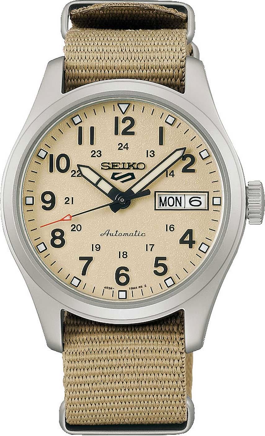 Herrklocka med beige textilband, silverfärgat hölje och beige urtavla