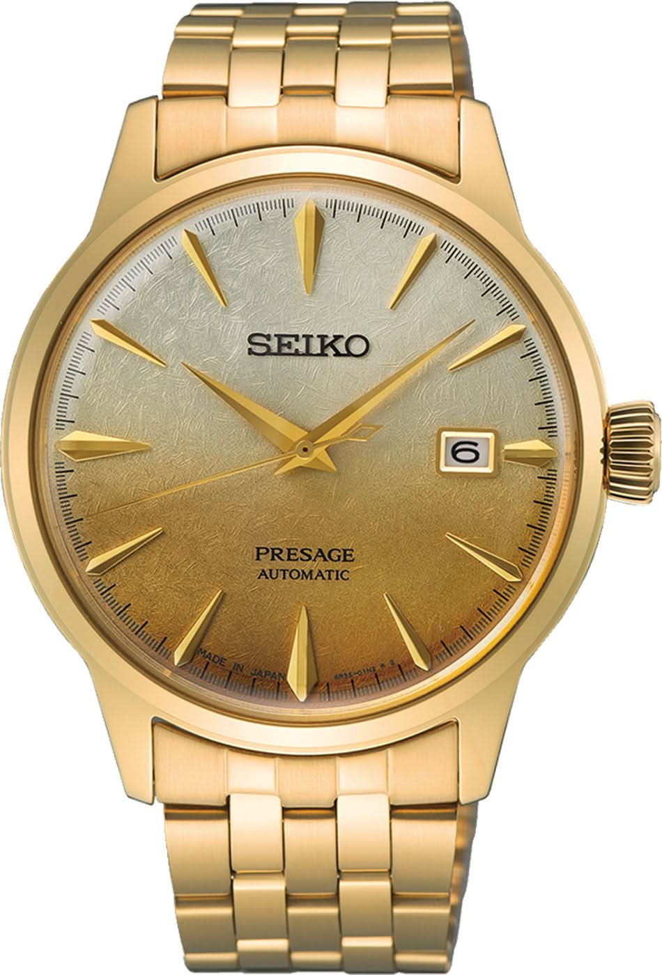 SEIKO herrur: guldfärgad urtavla, datumfönster vid klockan 6, armband i rostfritt stål