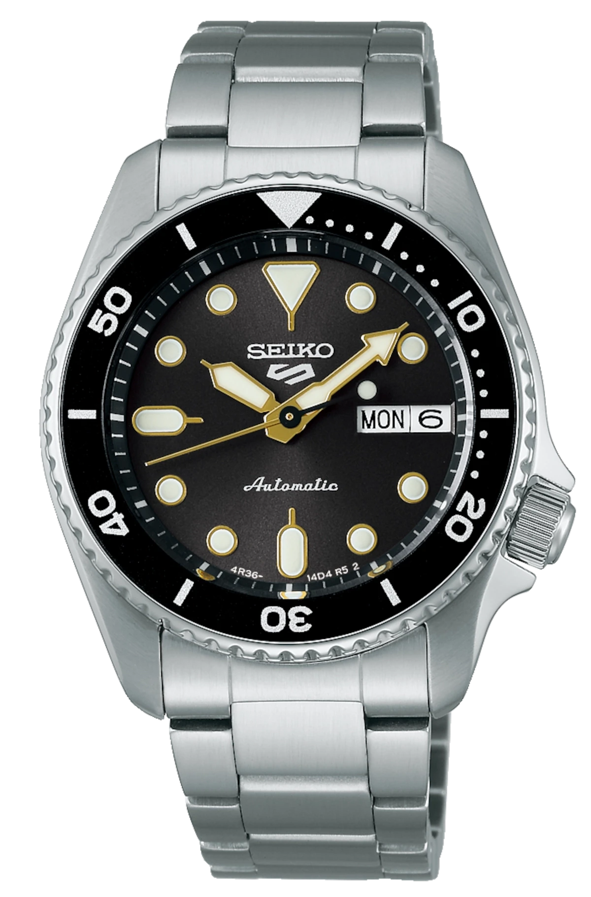Seiko 5 Sports automatisk armbandsur: svart urtavla, guldfärgade visare, datum