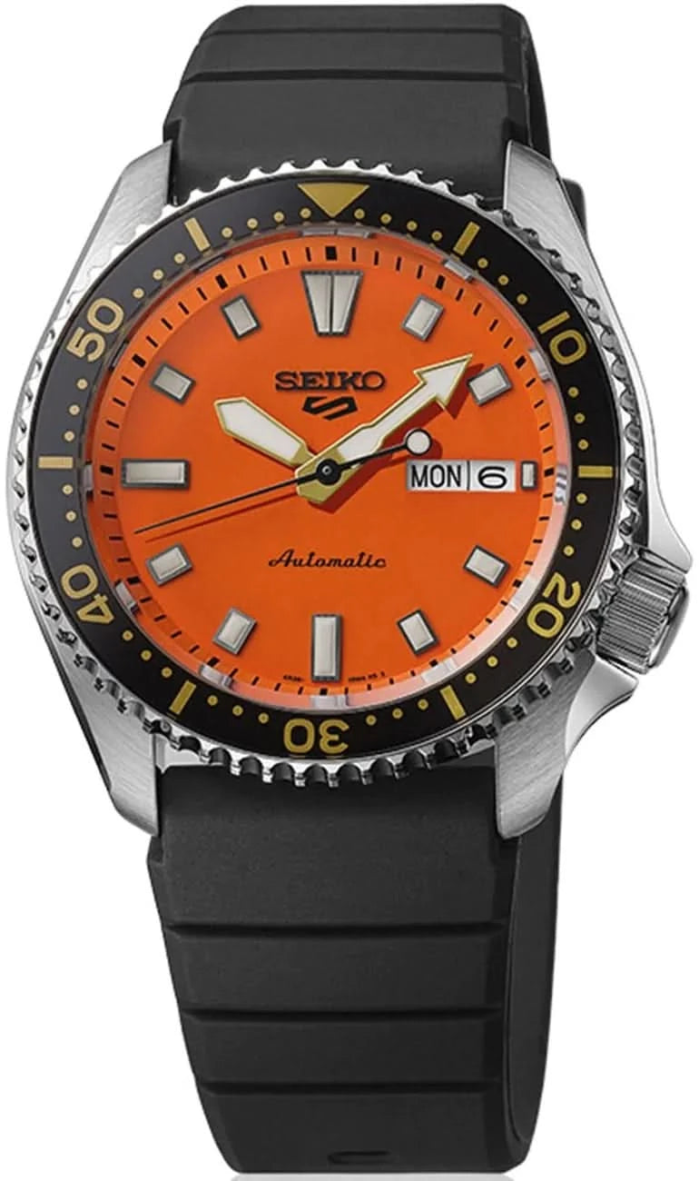 Seiko 5 Sports herrklocka, svart silikonband, orange urtavla, datumfönster