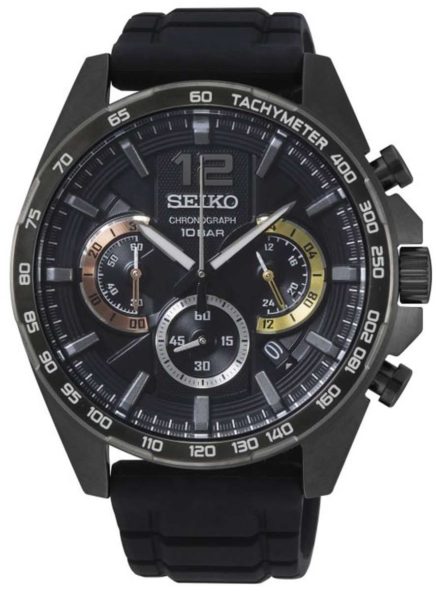 SEIKO Chronograph herrklocka med svart urtavla och svart gummiarmband