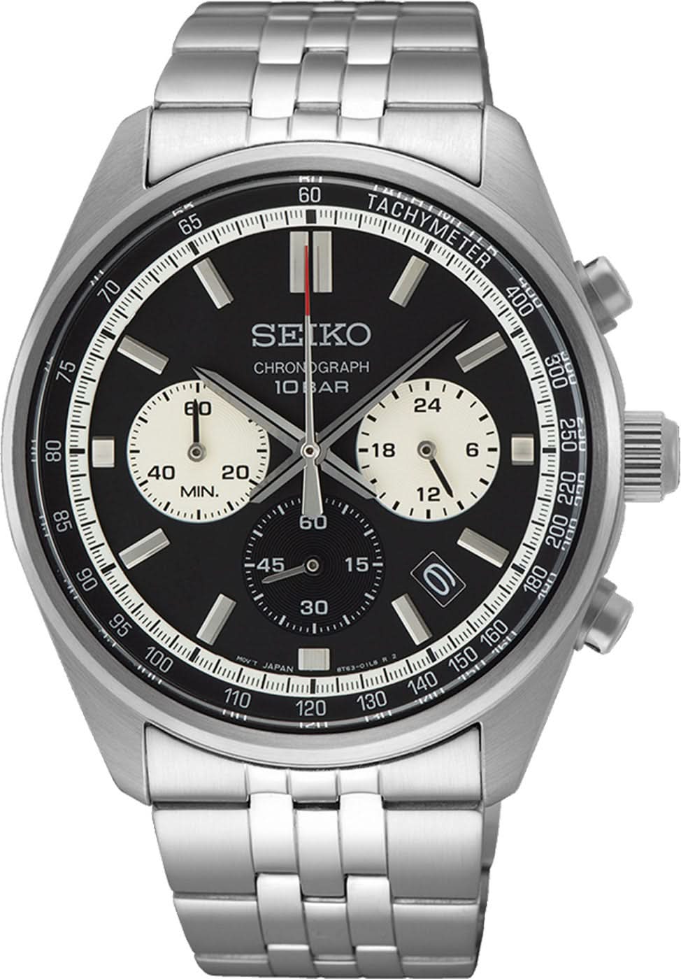 Seiko kronograf för herrar med svart urtavla, takymeterskala och stålarmband