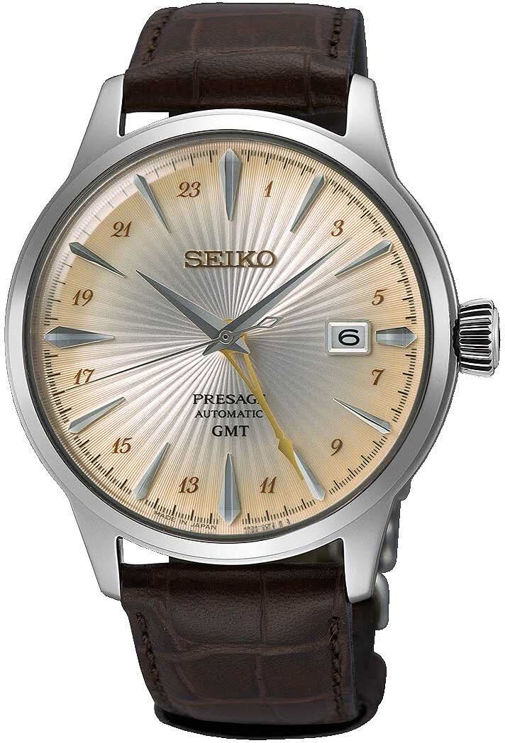 Seiko Presage herrklocka: beige urtavla, brunt läderband, GMT-visning