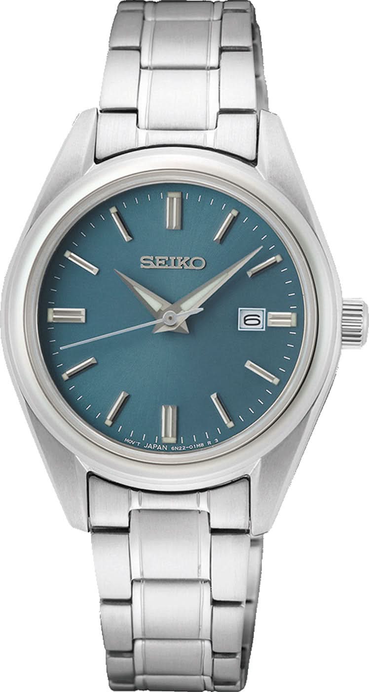 Seiko damklocka med blå urtavla, silverfärgat armband i rostfritt stål och runda visare