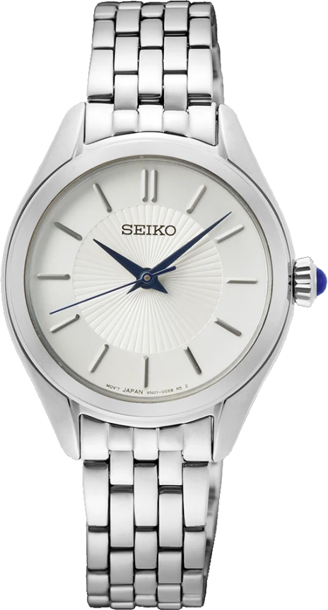 Damklocka med silverfärgat metallarmband och rund vit urtavla, blå visare, SEIKO