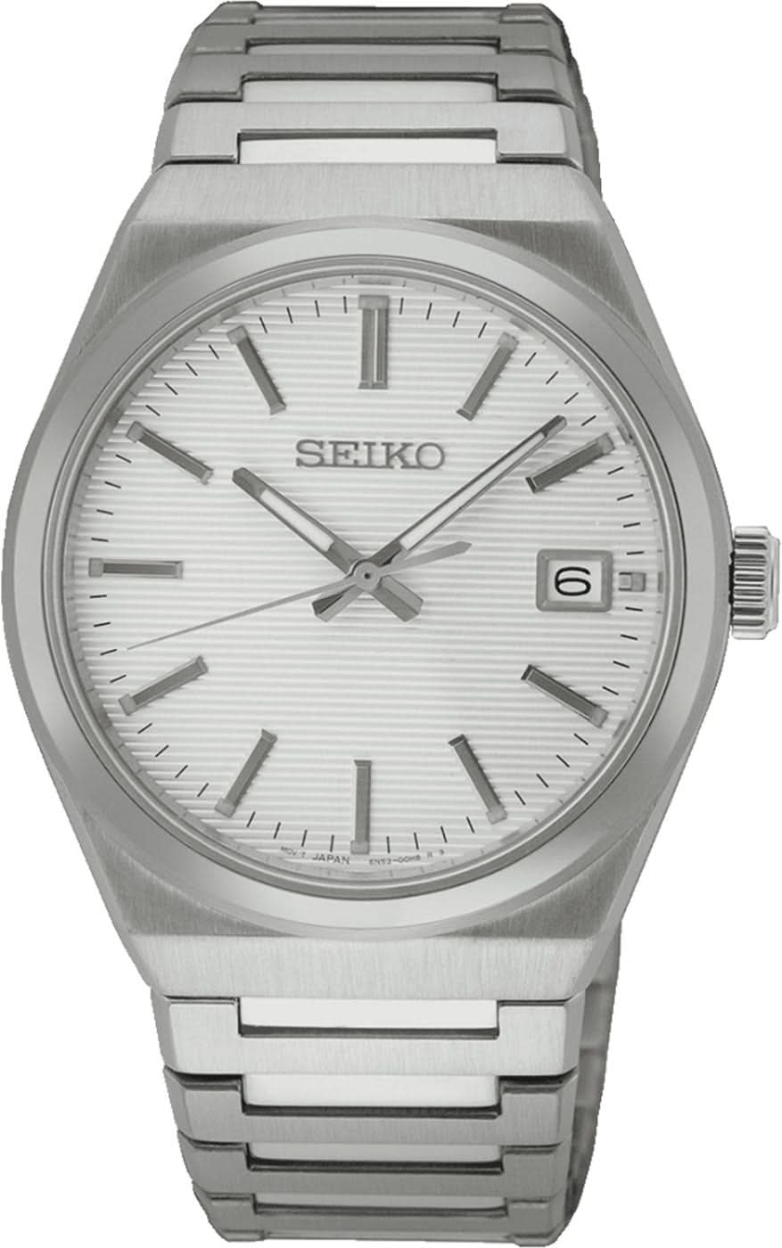 Herrarmbandsur i rostfritt stål, silverfärgat metallband, vit urtavla med SEIKO och datum