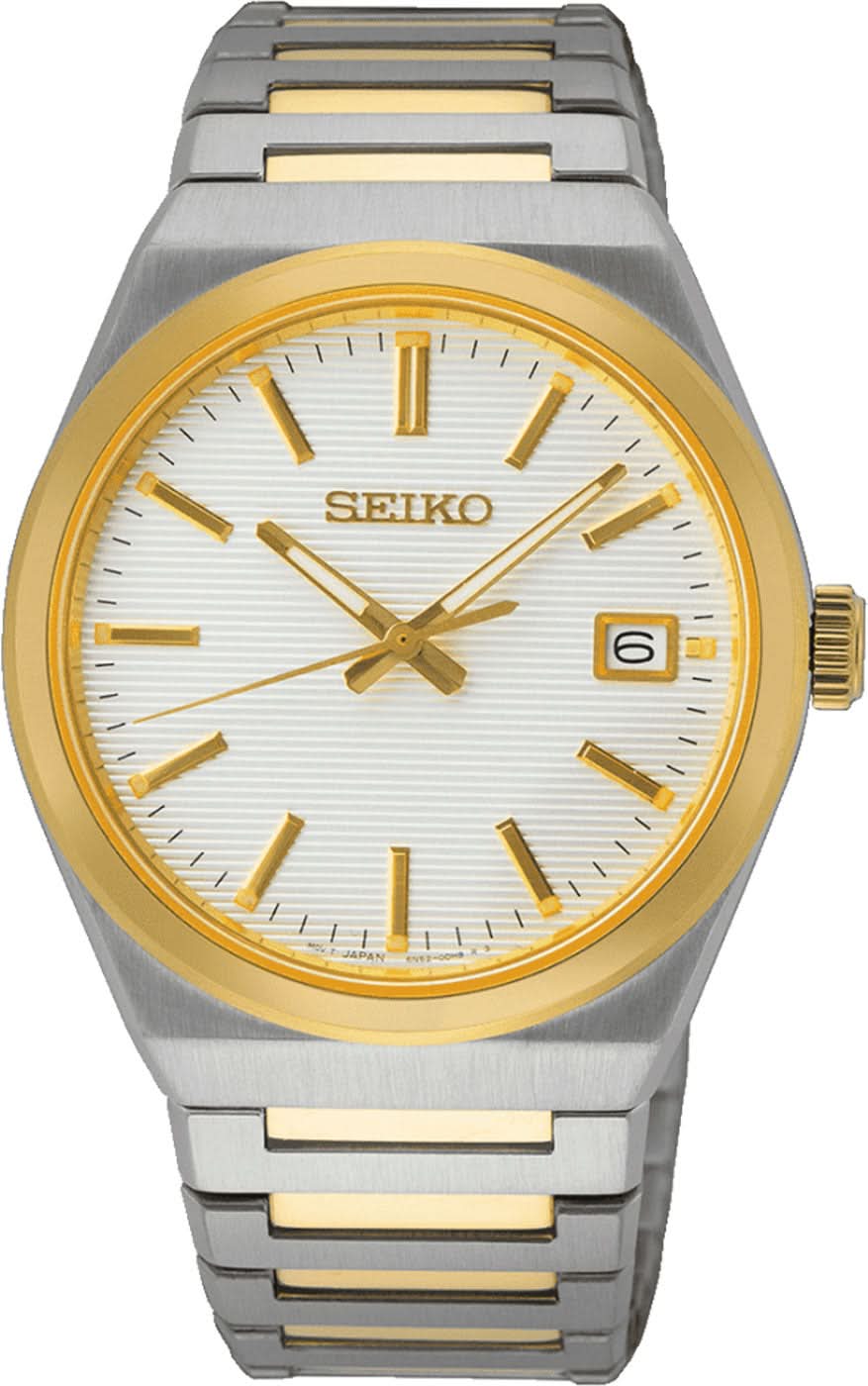 Seiko herrklocka med metallarmband i silver och guld, vit urtavla och datumfönster