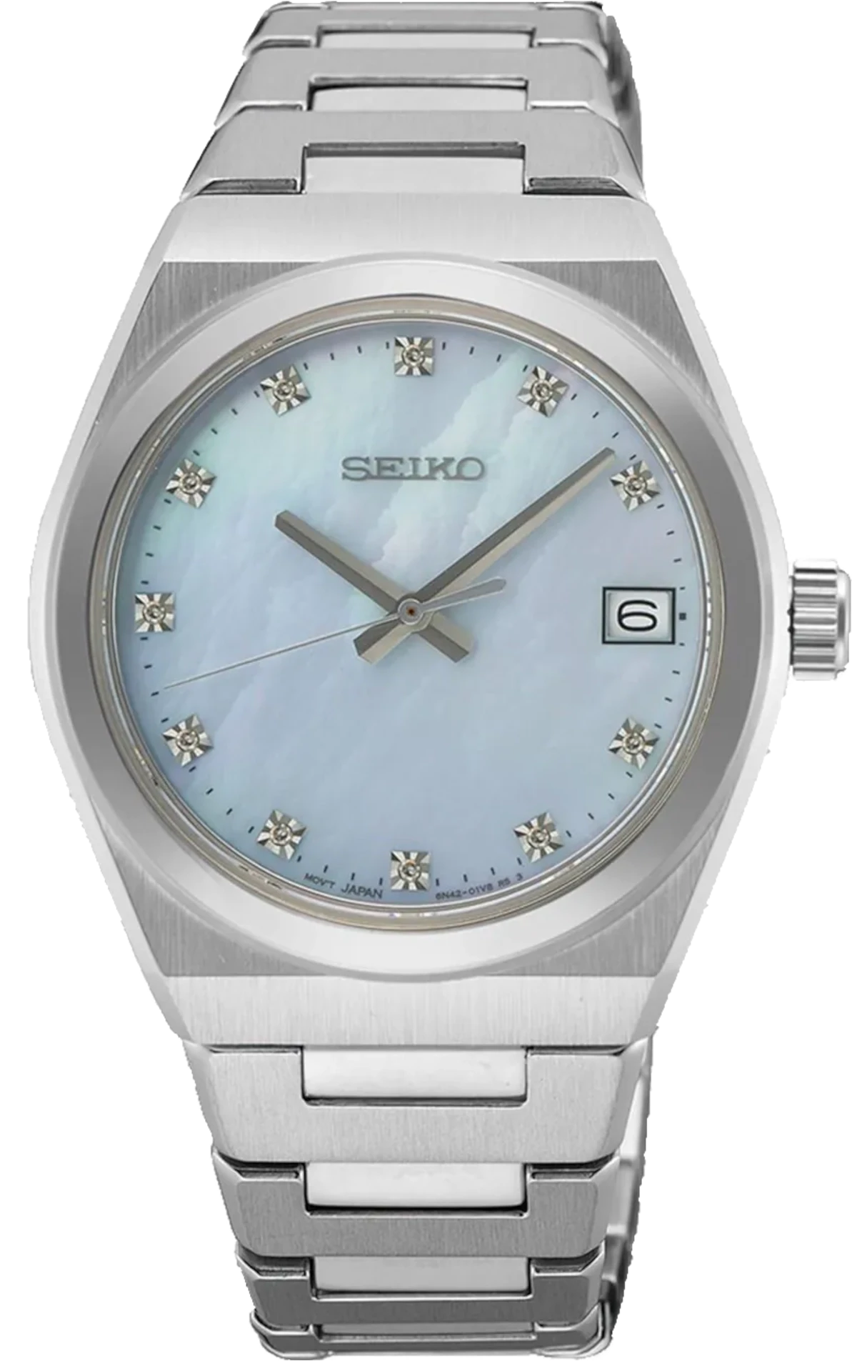 "Seiko damklocka med blå pärlemurtavla, silverfärgat armband och datumfönster"