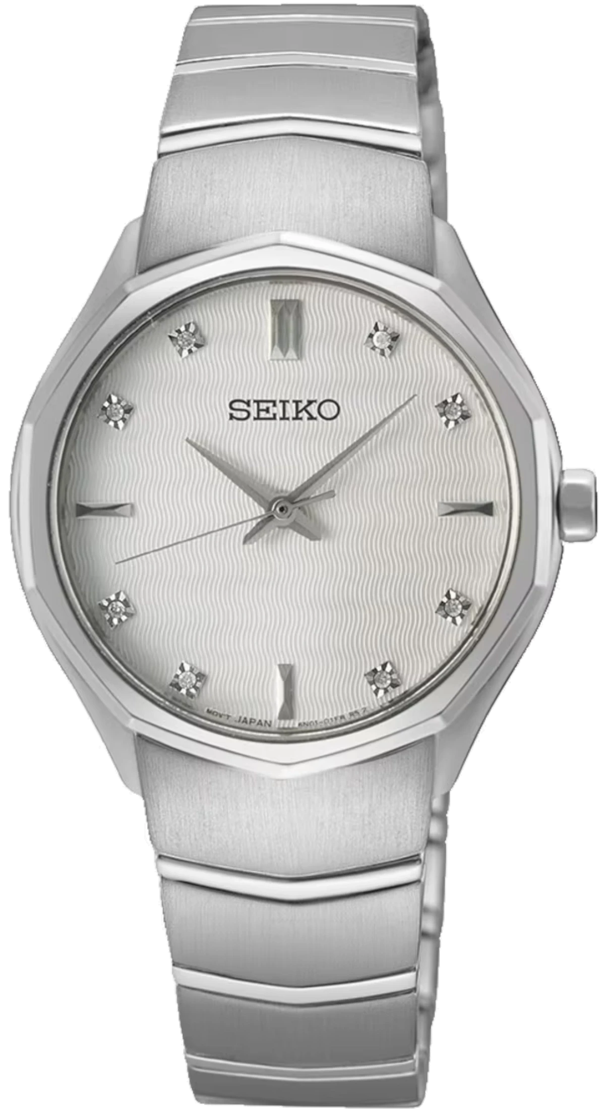 "Seiko damklocka med silverfärgat armband i rostfritt stål och silverfärgad urtavla med stenindex"