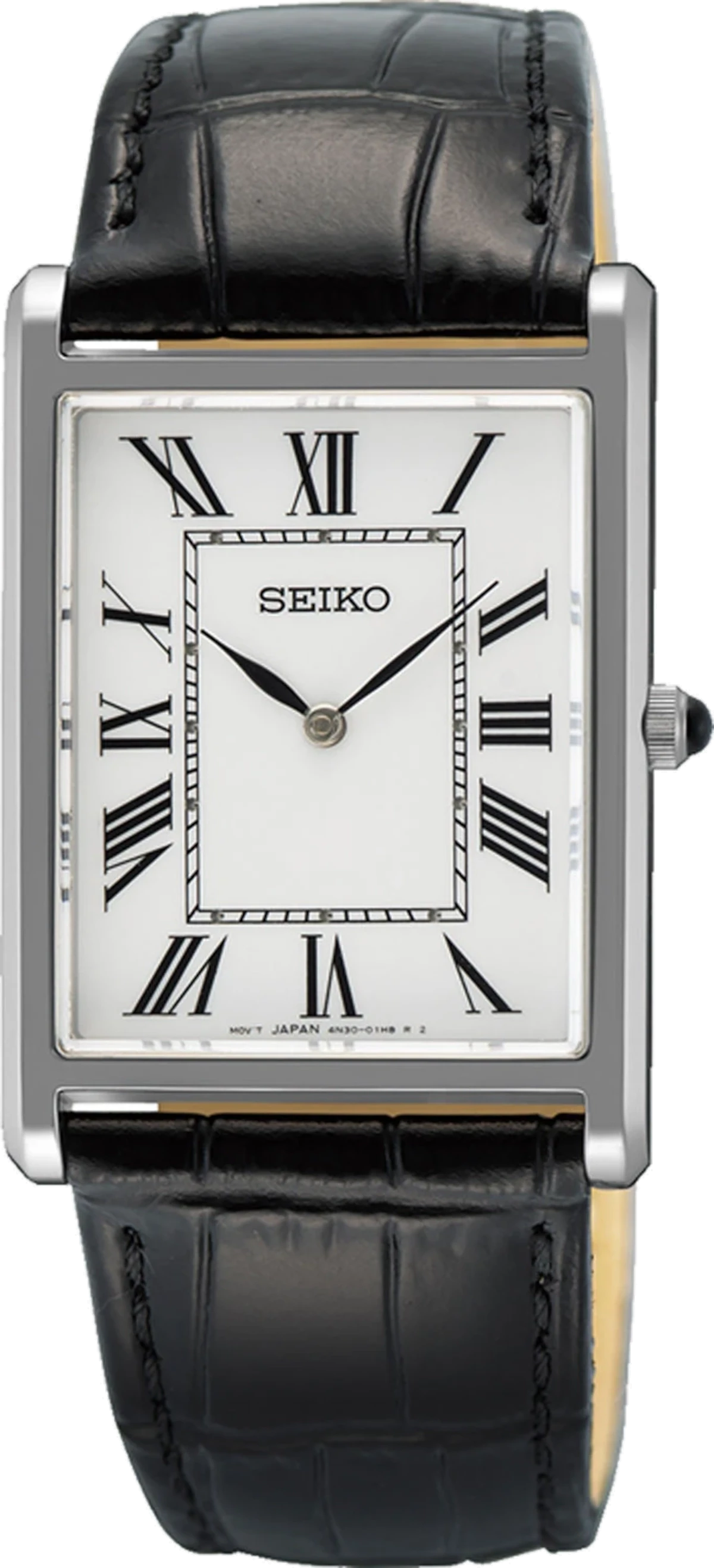 Seiko herrklocka med rektangulärt hölje, svart läderarmband och vit urtavla
