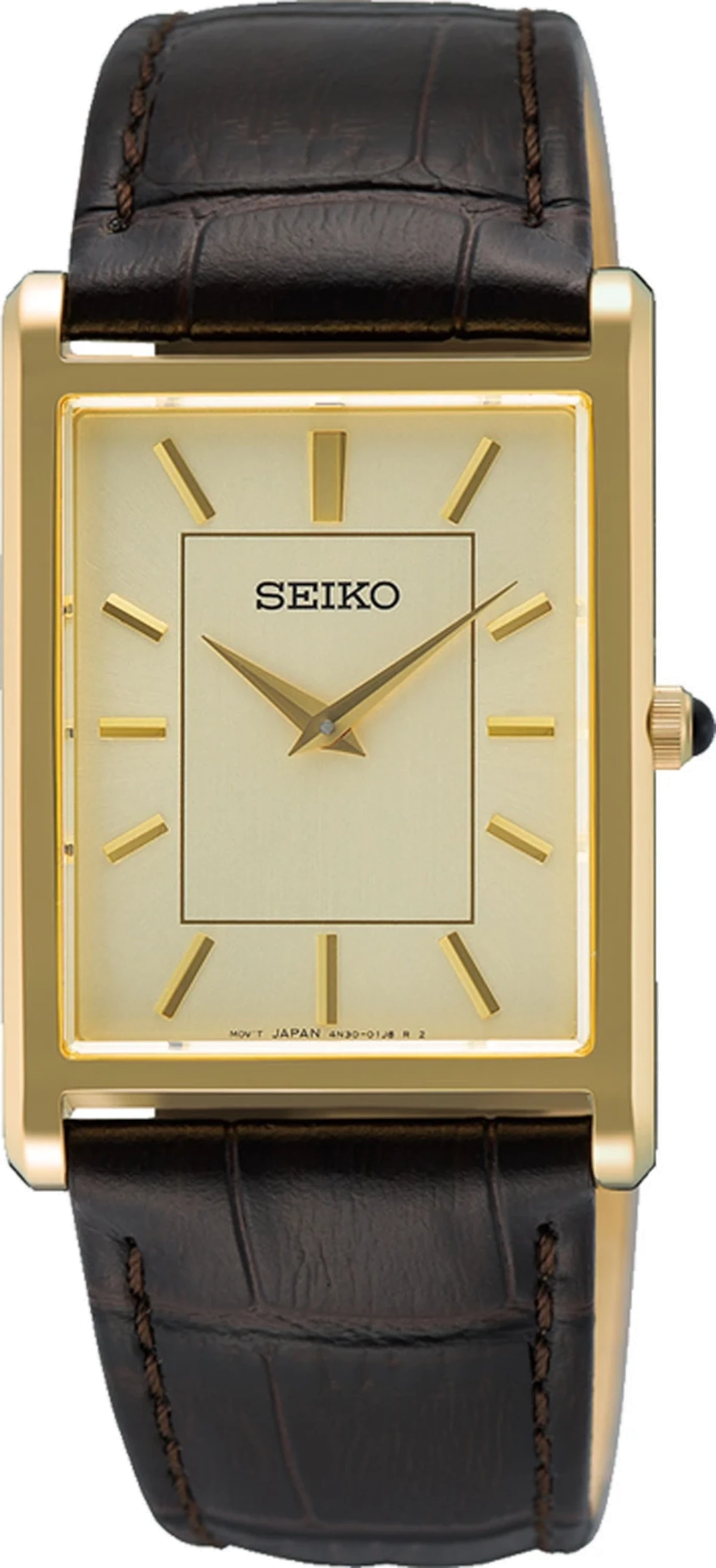 "Damklocka med guldfärgat hölje, beige urtavla och svart läderarmband, Seiko"