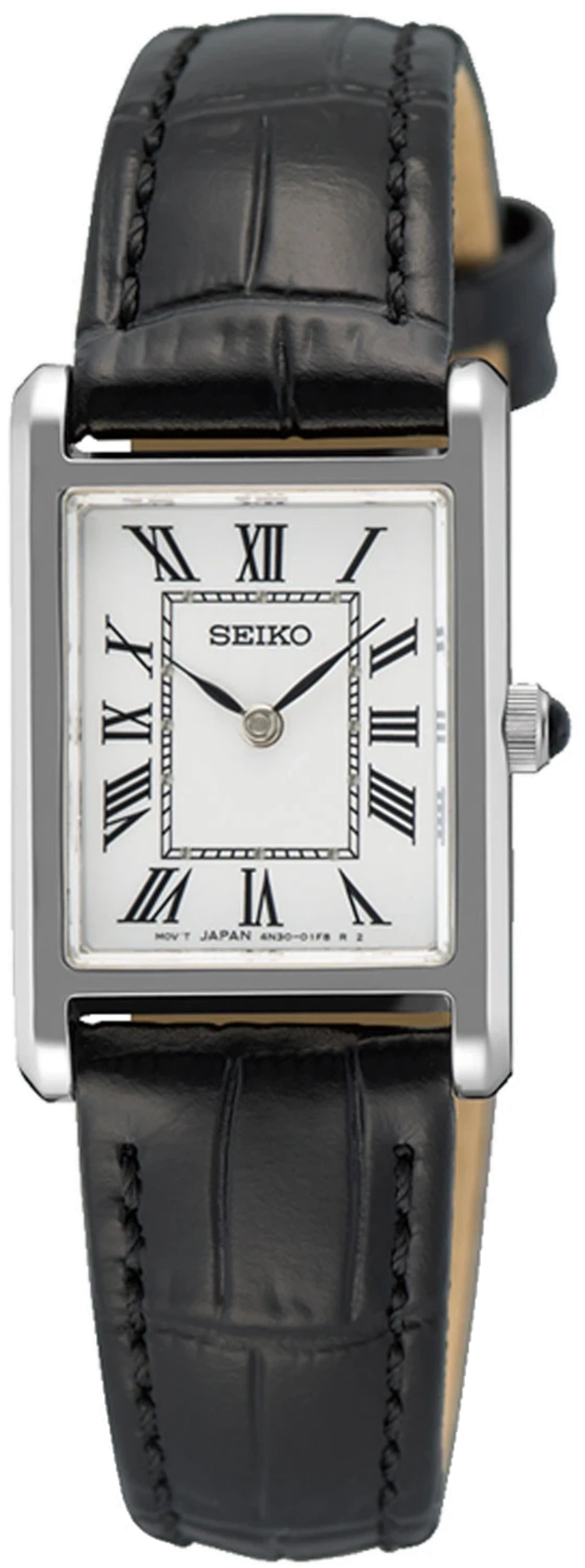 "Seiko damklocka med svart läderarmband, fyrkantig urtavla med romerska siffror"