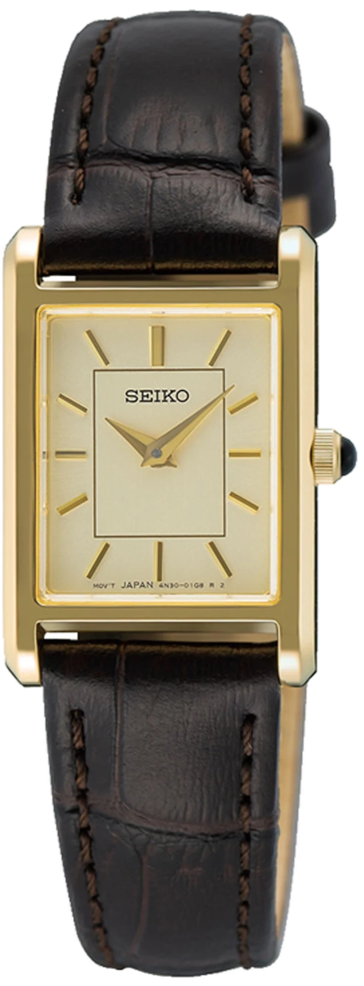 "Seiko damklocka med svart läderarmband, guldfärgat hölje och rektangulär urtavla."