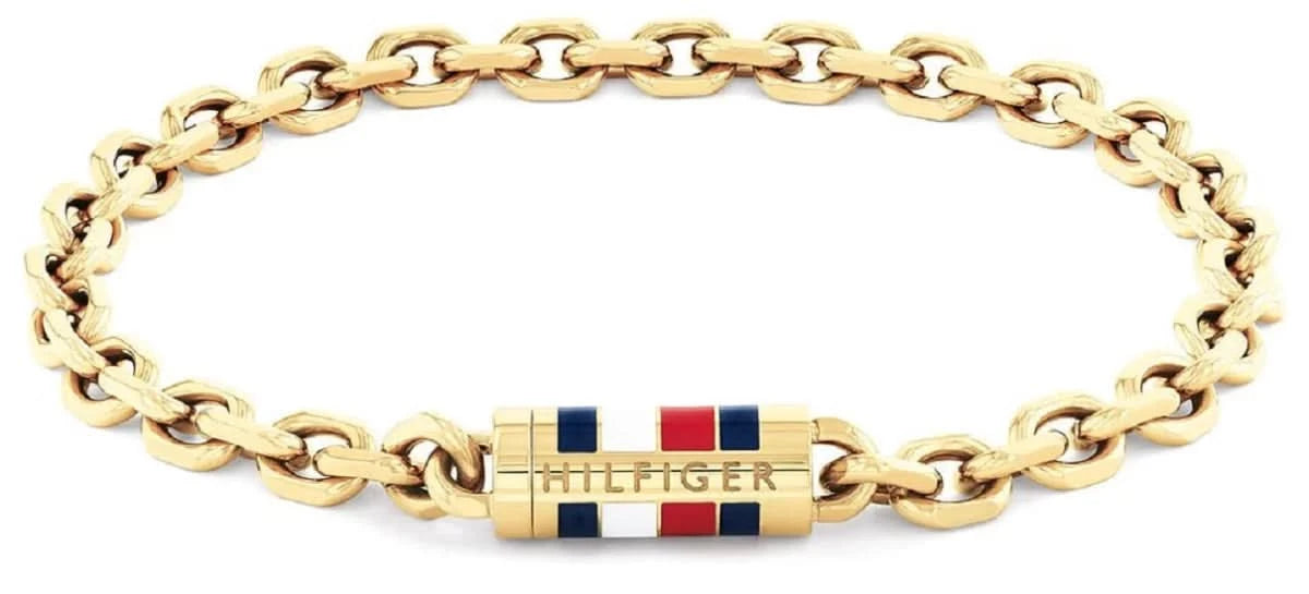 Guldpläterat armband i rostfritt stål med logotypbricka