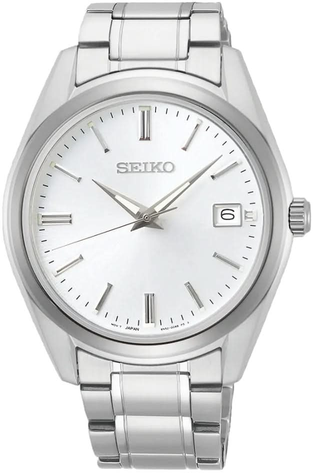 Seiko herrur med silverfärgat armband i rostfritt stål, vit urtavla, datumfönster vid kl. 6