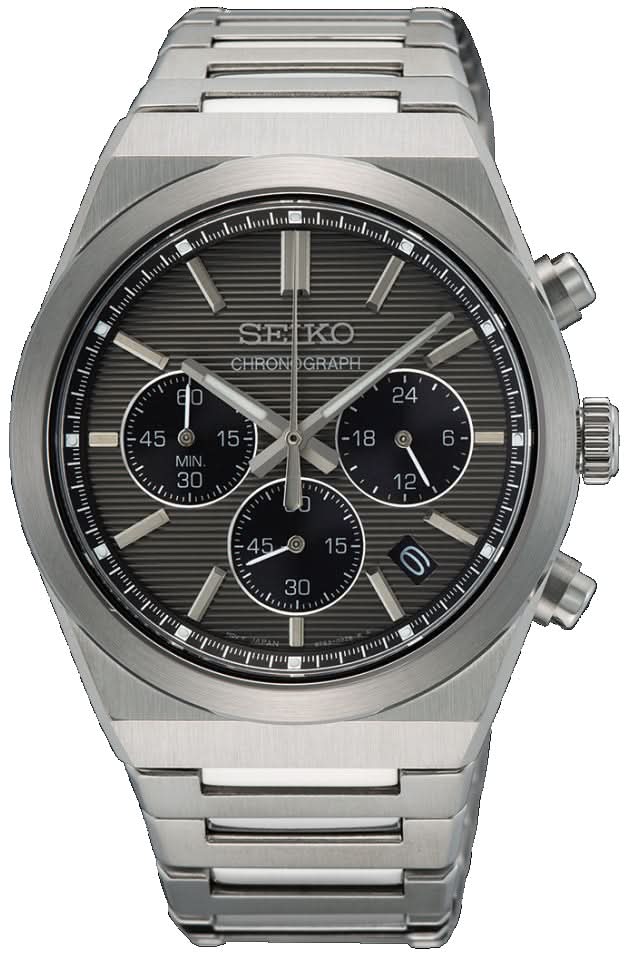 Seiko herrklocka: armband i silverfärgat rostfritt stål, svart kronografurtavla med tre subdials