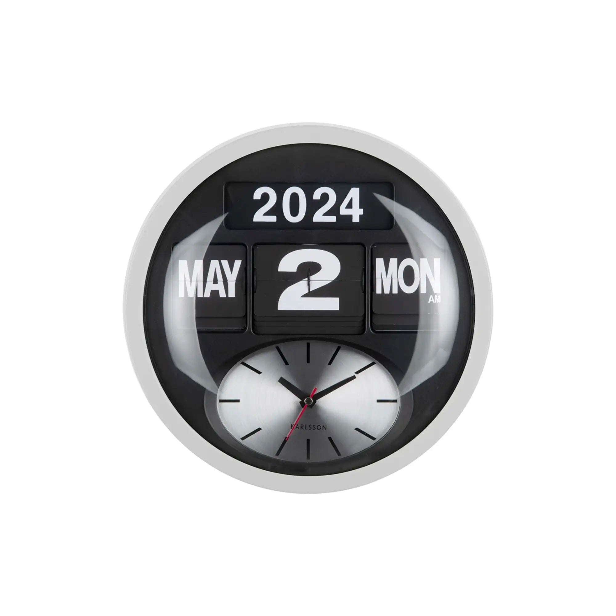 Karlsson Round Flip KA6030WH Wanduhr Weiß • Klappzahlen-Kalender • Analoge Zeitanzeige