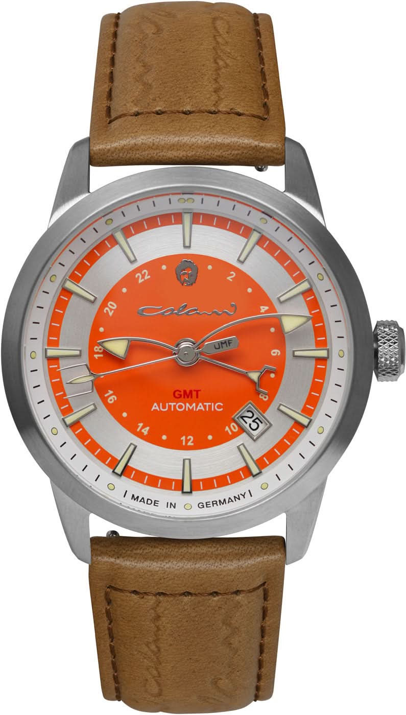 Herrklocka med orange urtavla, boett i silver och brunt läderarmband.