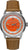 Herrklocka med orange urtavla, boett i silver och brunt läderarmband.