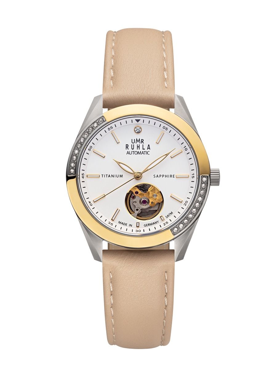 Damur i tvåfärgad design med beige läderarmband, runt boett och vit urtavla