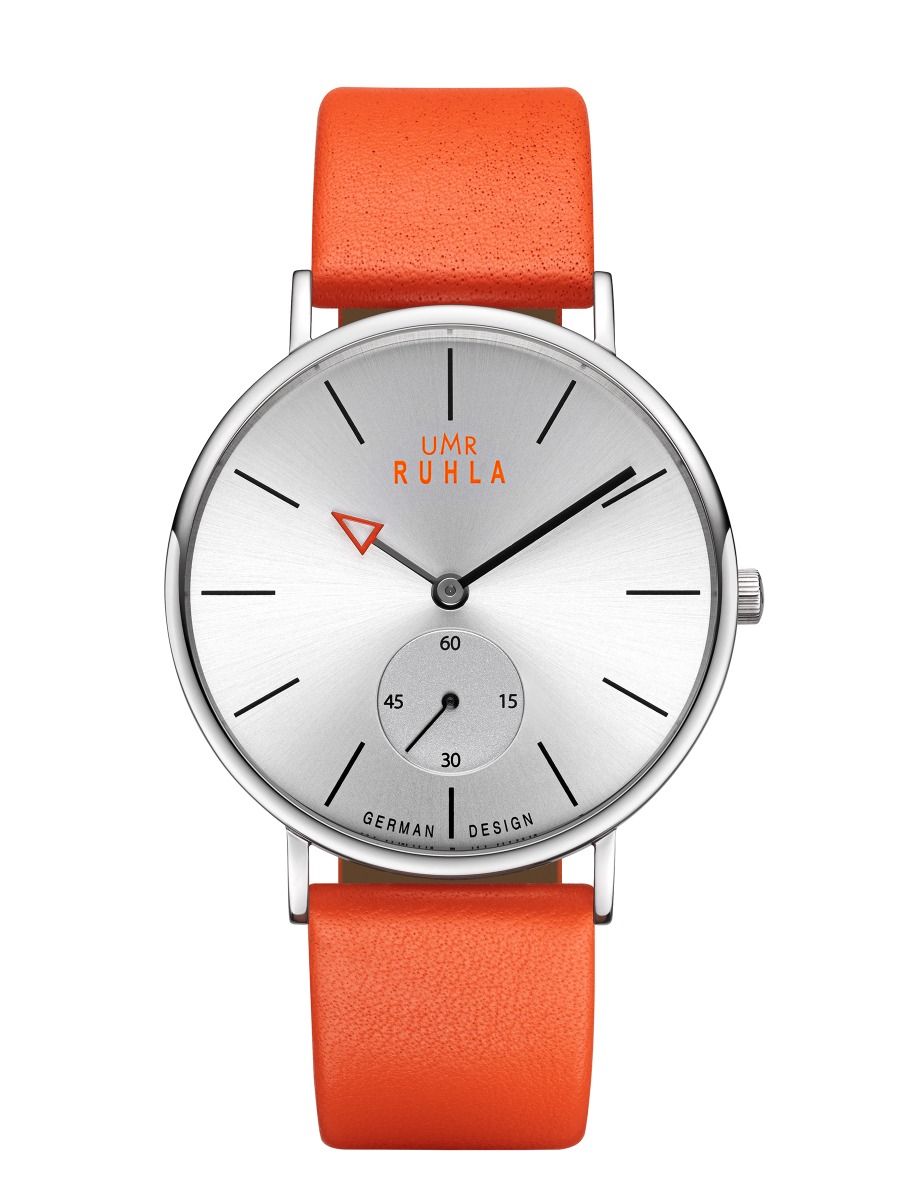 Armbandsur med silverfärgad urtavla och orange läderarmband, analog visning