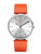 Armbandsur med silverfärgad urtavla och orange läderarmband, analog visning