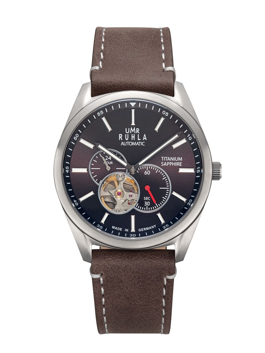 UMR Ruhla automatisk herrklocka med brunt läderarmband, mörkblå urtavla och extra visare