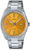 Casio herrklocka med gul urtavla och silverfärgat metallarmband, analog visning