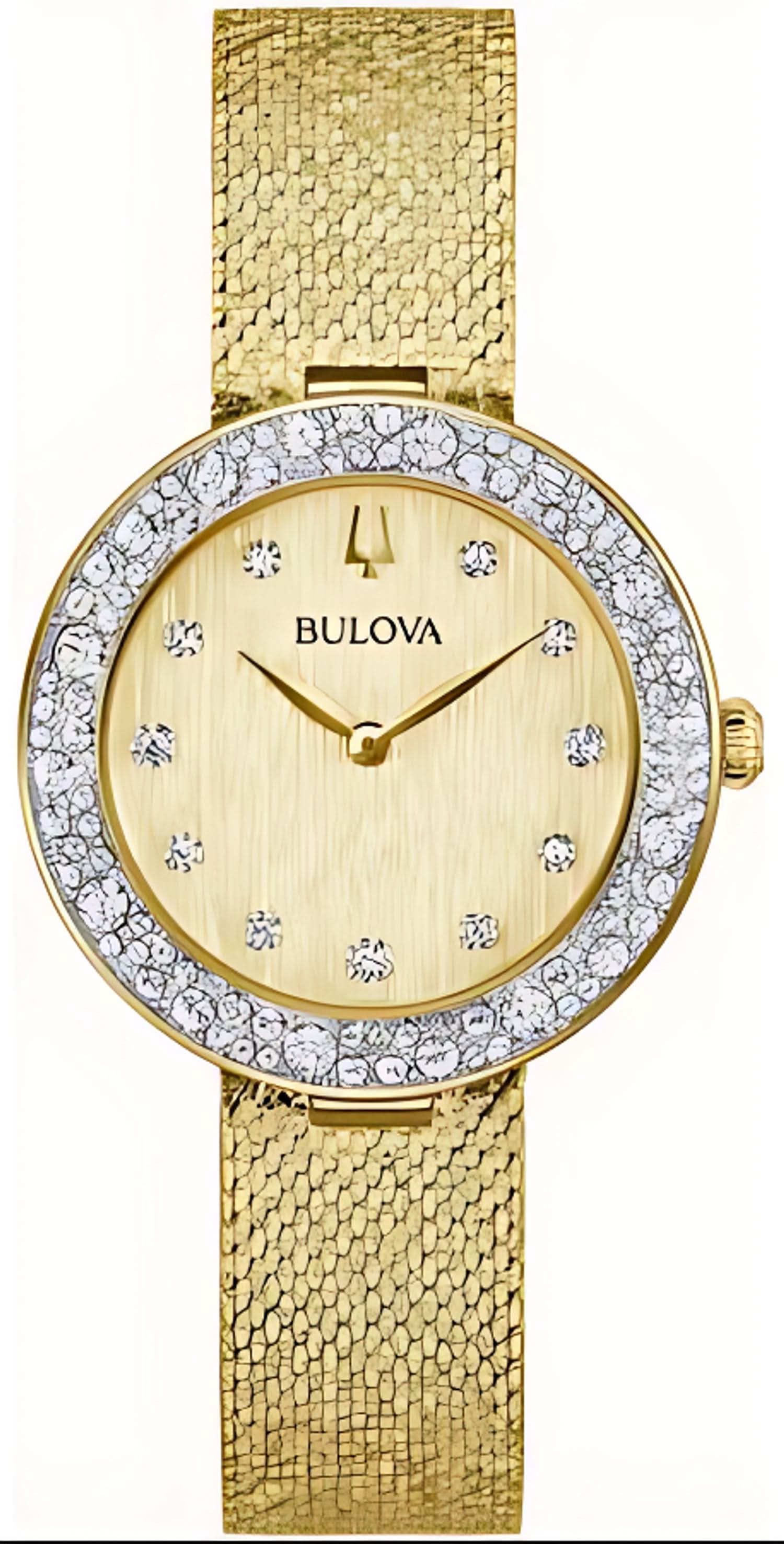 Bulova damklocka med gyllene mesharmband, rund urtavla och gnistrande stenar