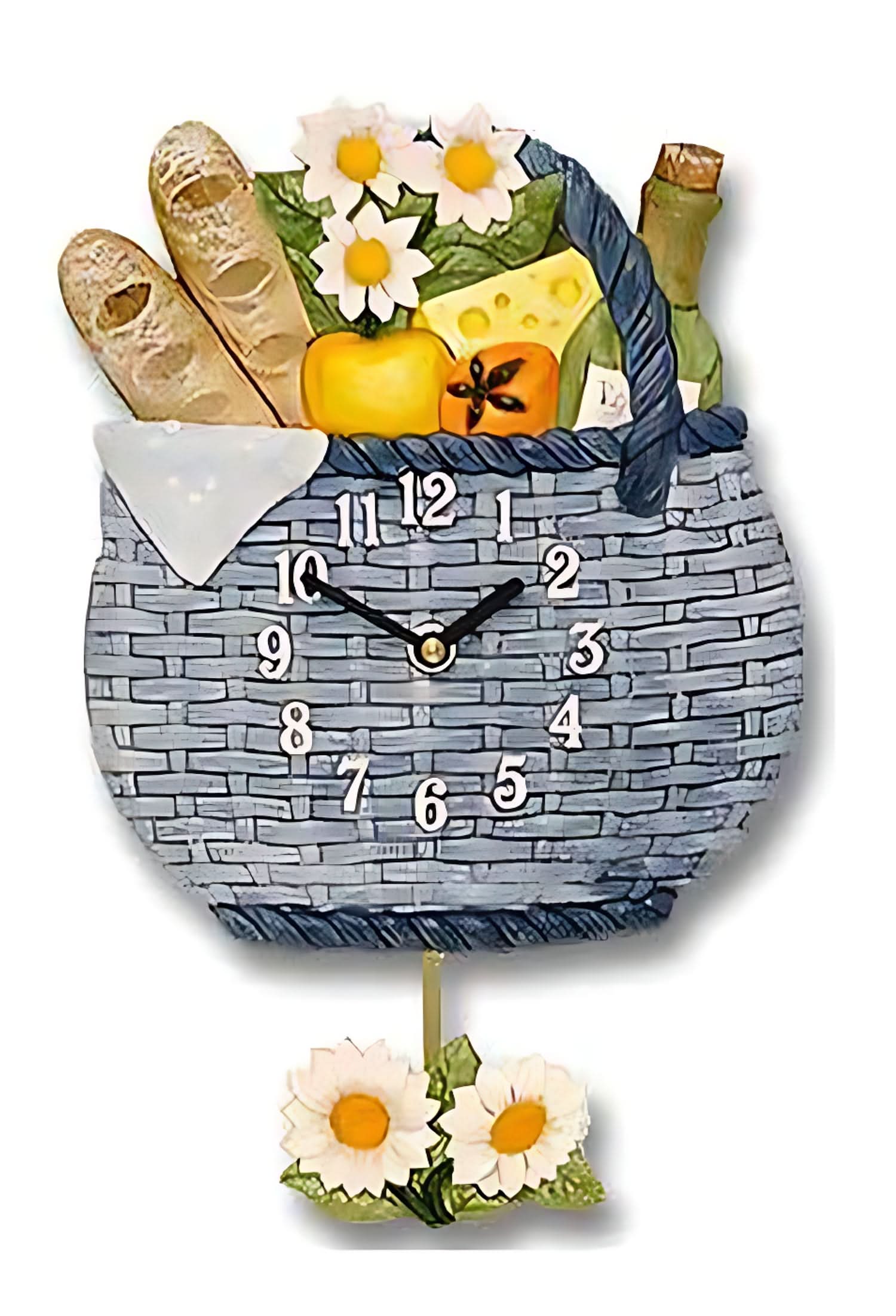 Keramisk väggklocka med stenutseende och motiv av blommor och äpplen, rund urtavla och gula visare.