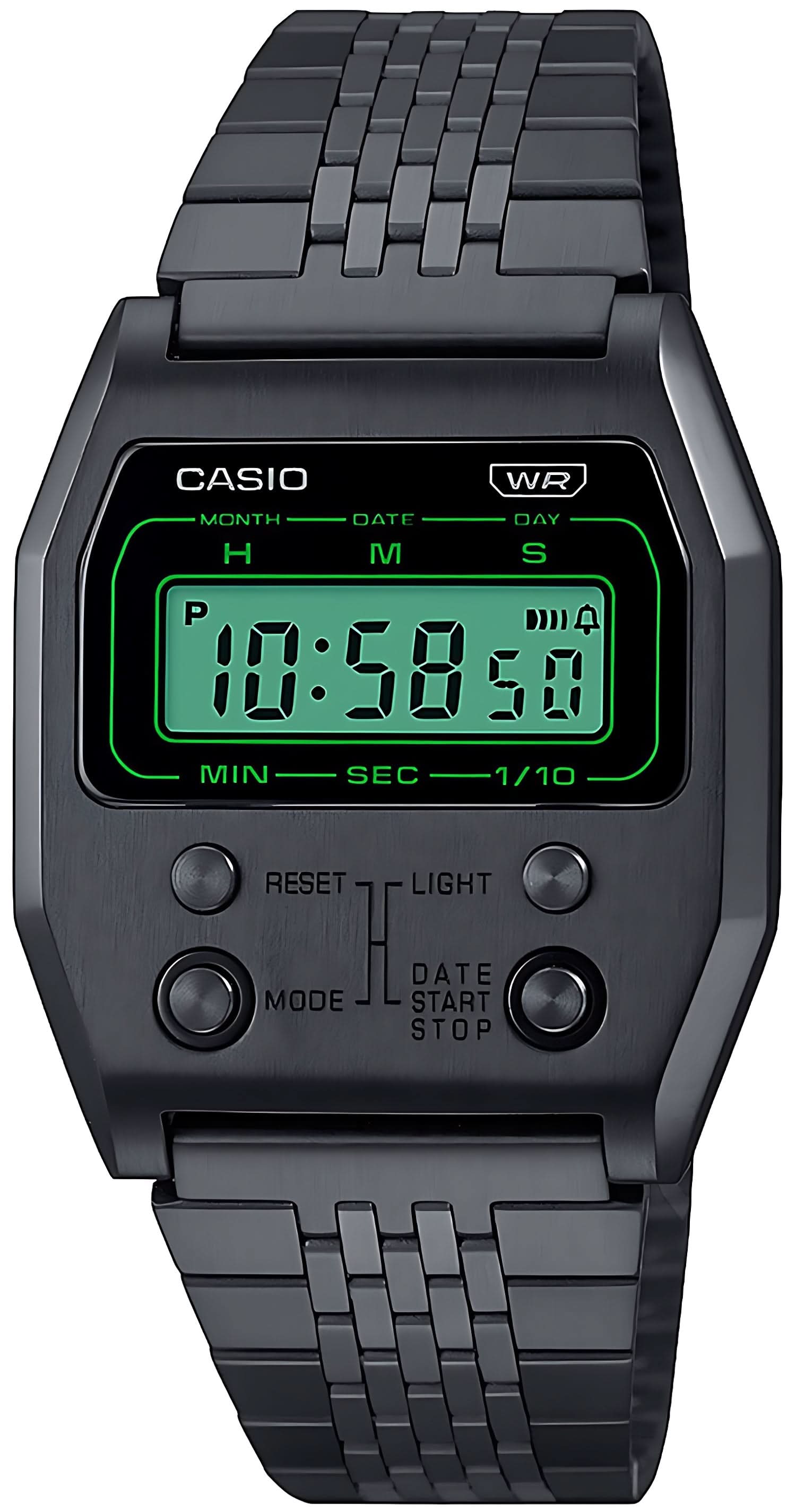 Casio Vintage A1100B-1EF klocka med svart metallband och grön digital-LCD, knappar