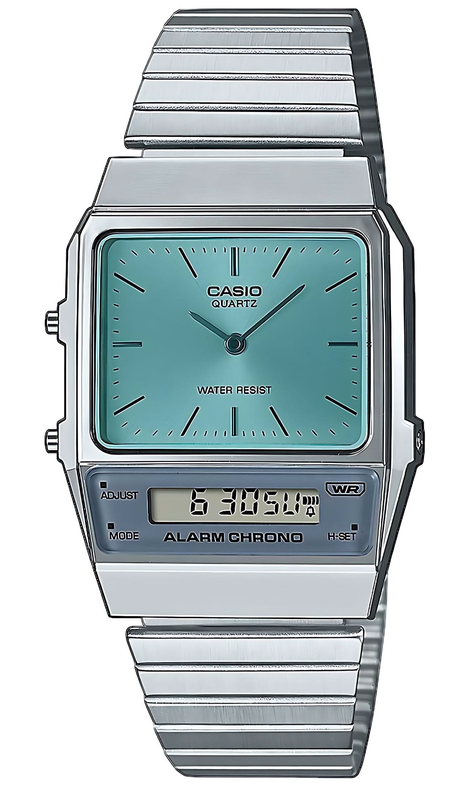 Casio Vintage-klocka med turkos urtavla, metallarmband och digital display
