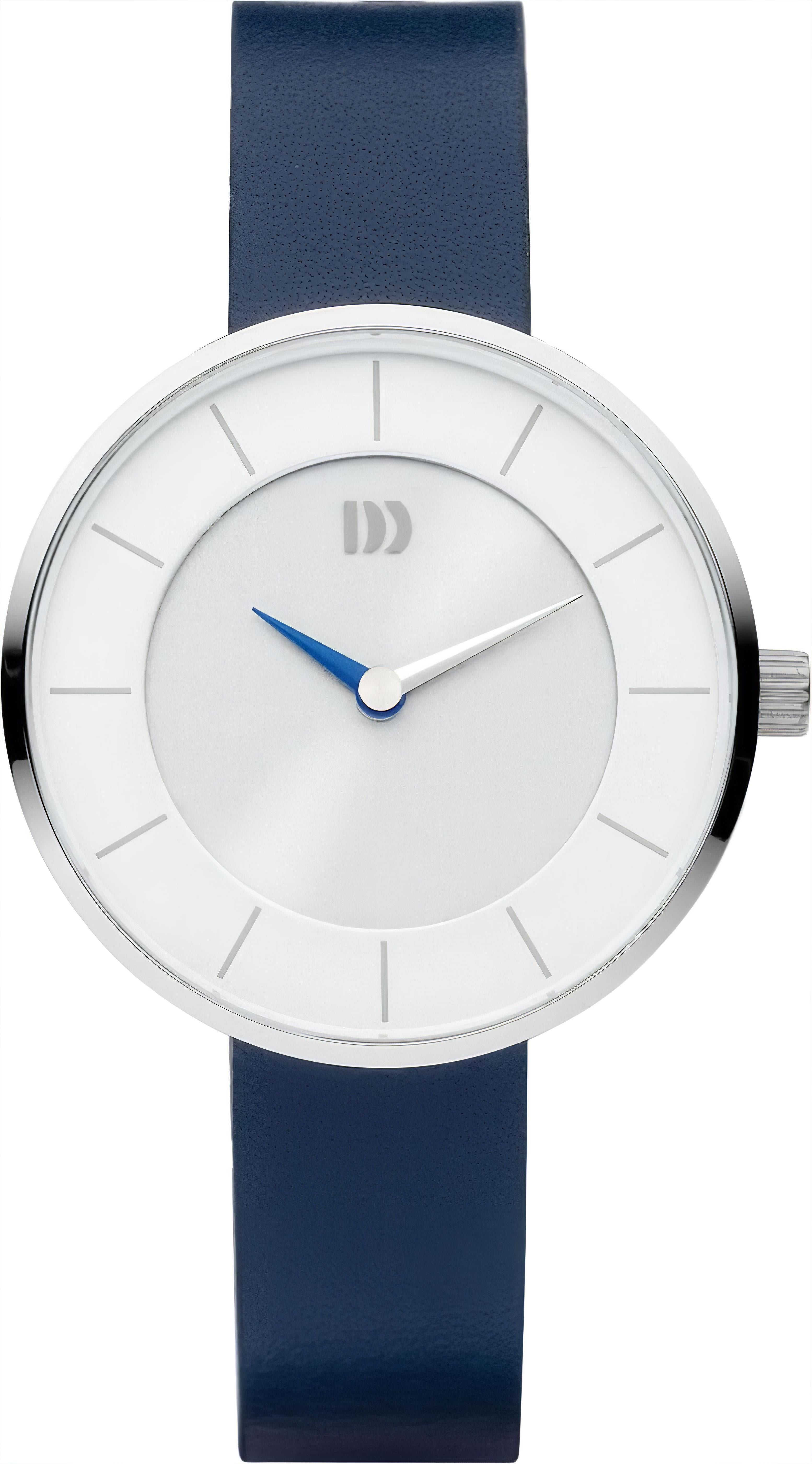 Damenuhr mit rundem Gehäuse, blauem Lederband und weißem Zifferblatt, blaue Zeiger.