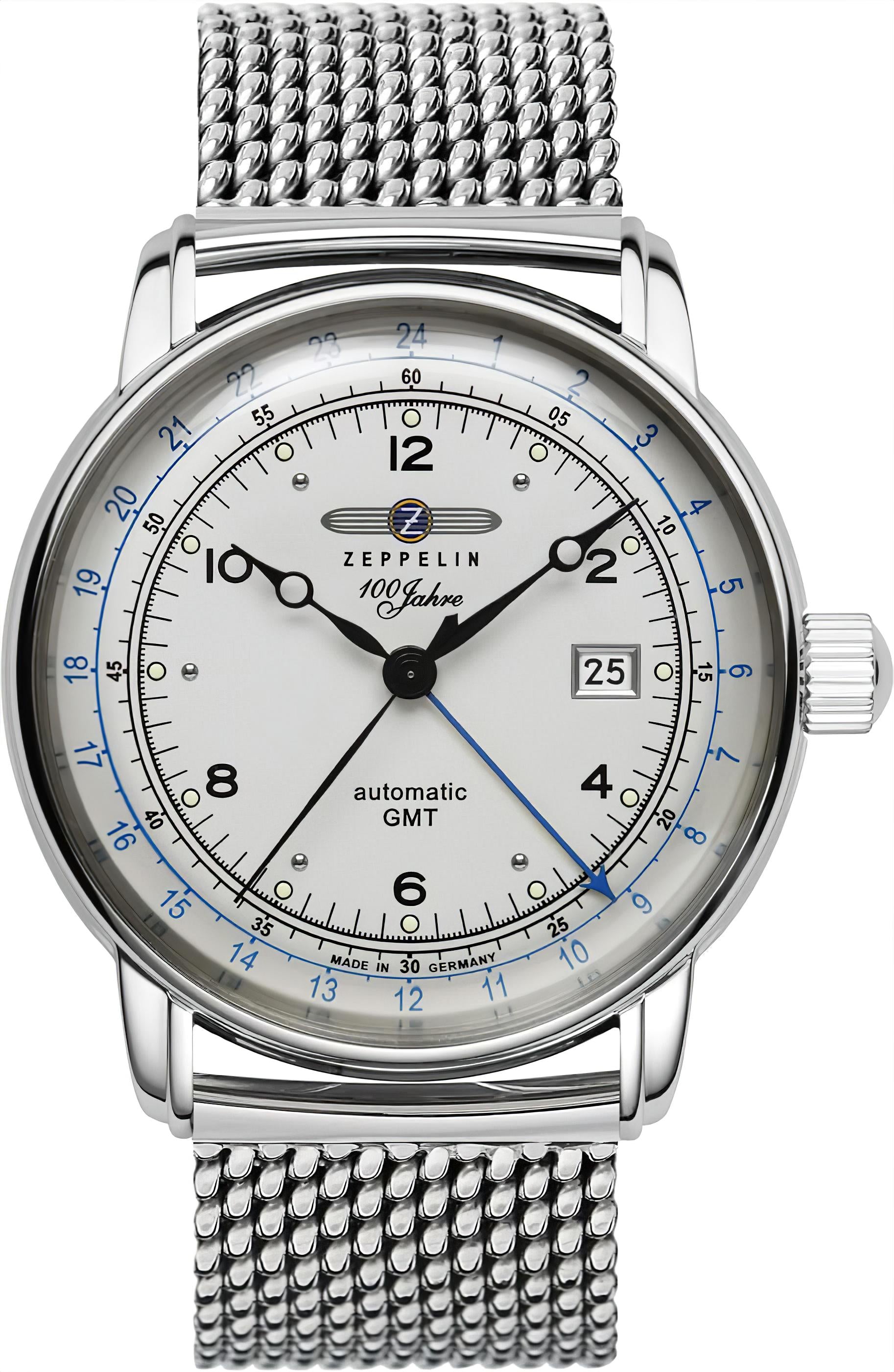 Męski zegarek Zeppelin ze srebrną bransoletą typu mesh, automatycznym mechanizmem GMT i datownikiem