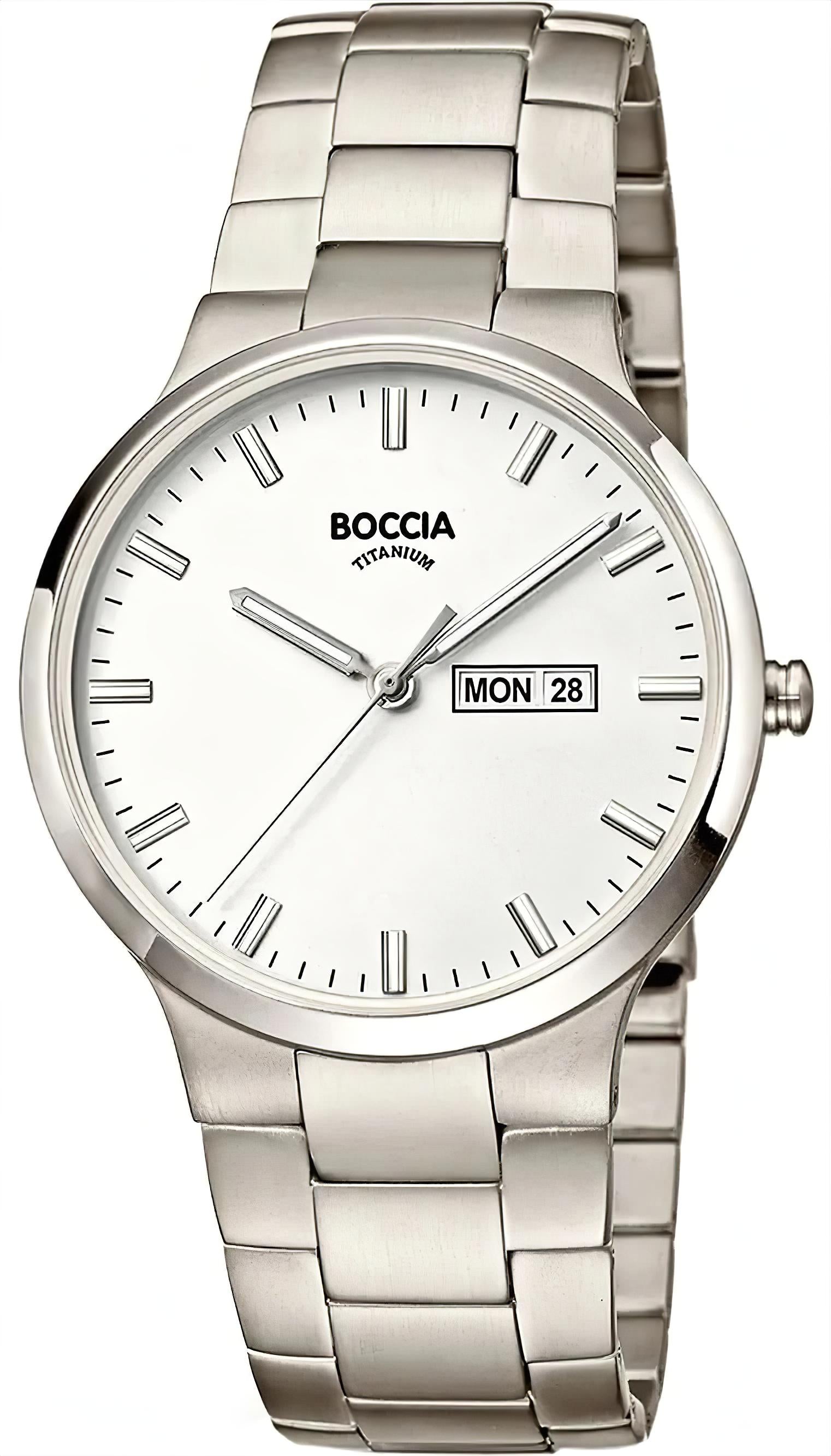 Zegarek męski Boccia Titanium z czystego tytanu, srebrna bransoleta, biała tarcza z datownikiem