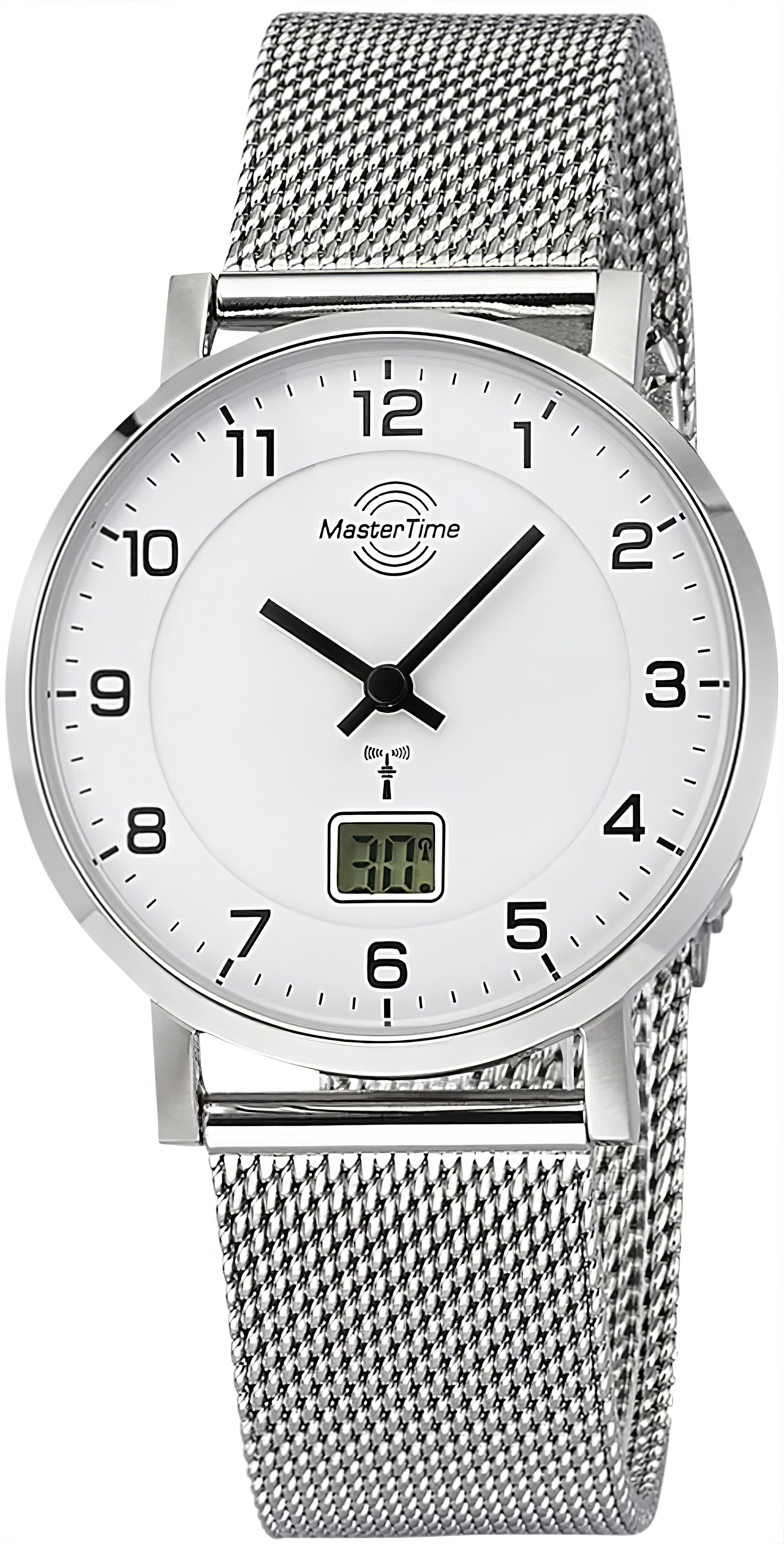 Zegarek damski Master Time, srebrna bransoleta typu mesh, biała tarcza, wskazówki analogowe i wyświetlacz cyfrowy